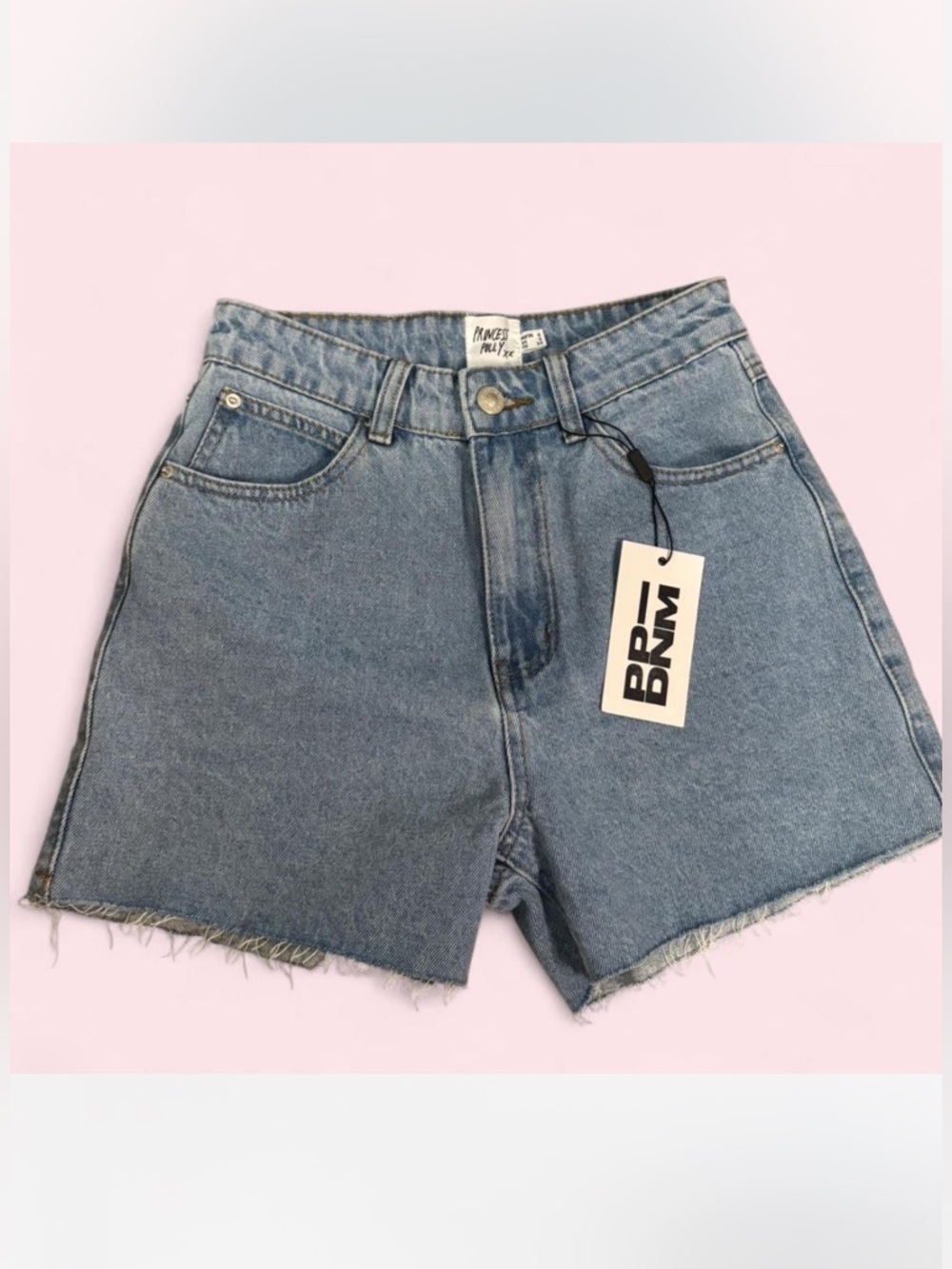 Princess Polly denim shorts mid wash high waisted raw hem NWT